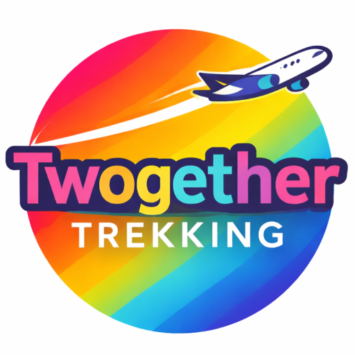 Logo for TwogetherTrekking Brand showing pride colours, name and airplane with a white trail behind.